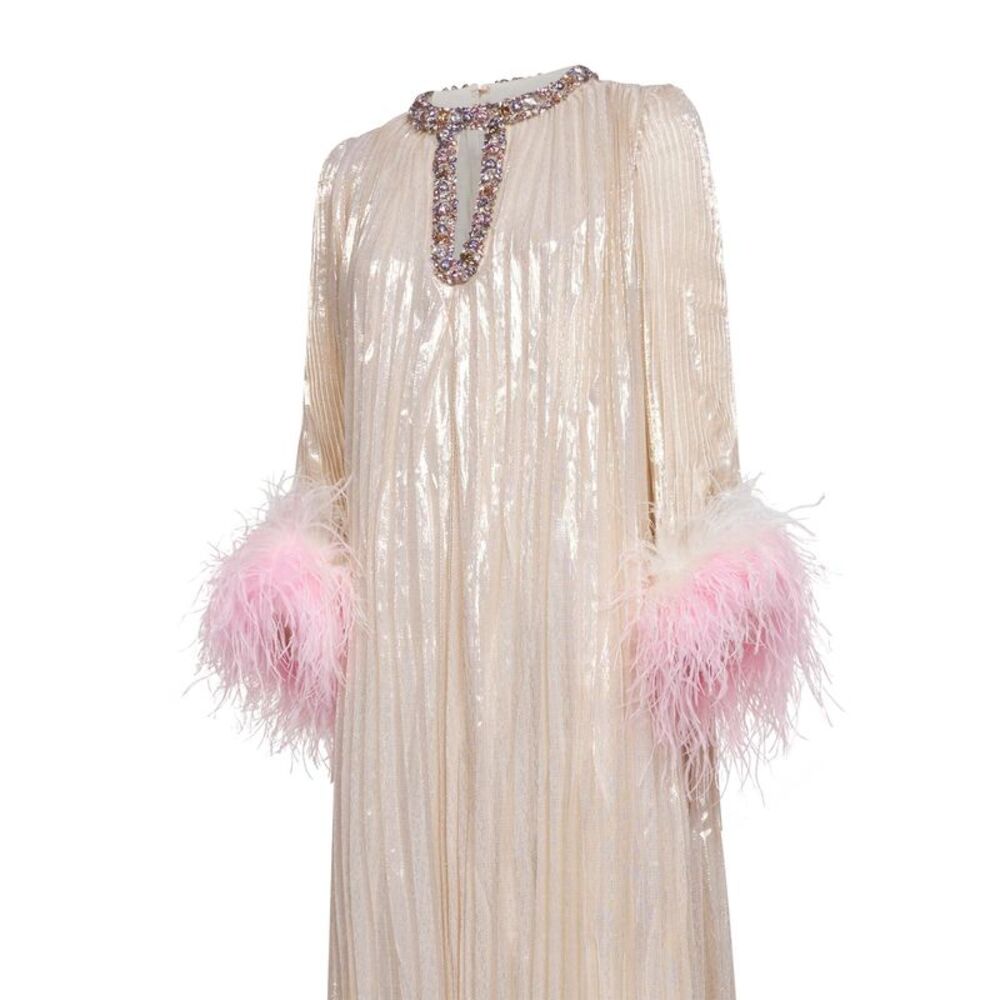 Self Portrait Women Champagne Metallic Pleated Caftan Maxi Dress - Picture 3 of 3